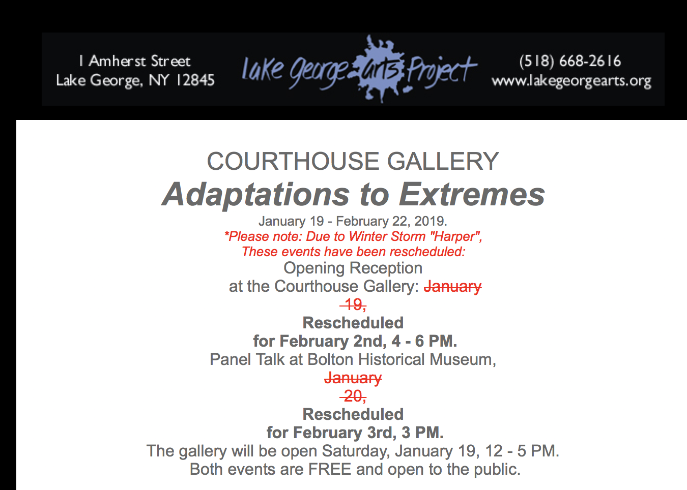 A screengrab of an email invitation for an art exhibition called "Adaptations to Extremes" in which the opening reception and panel talk have been rescheduled because of a winter storm.